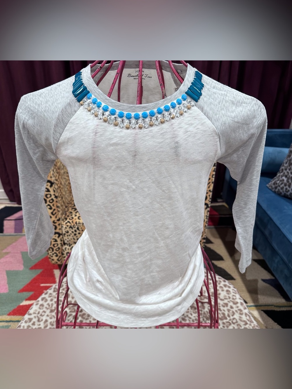 J. Crew White and Gray Embellished Long Sleeve Tee